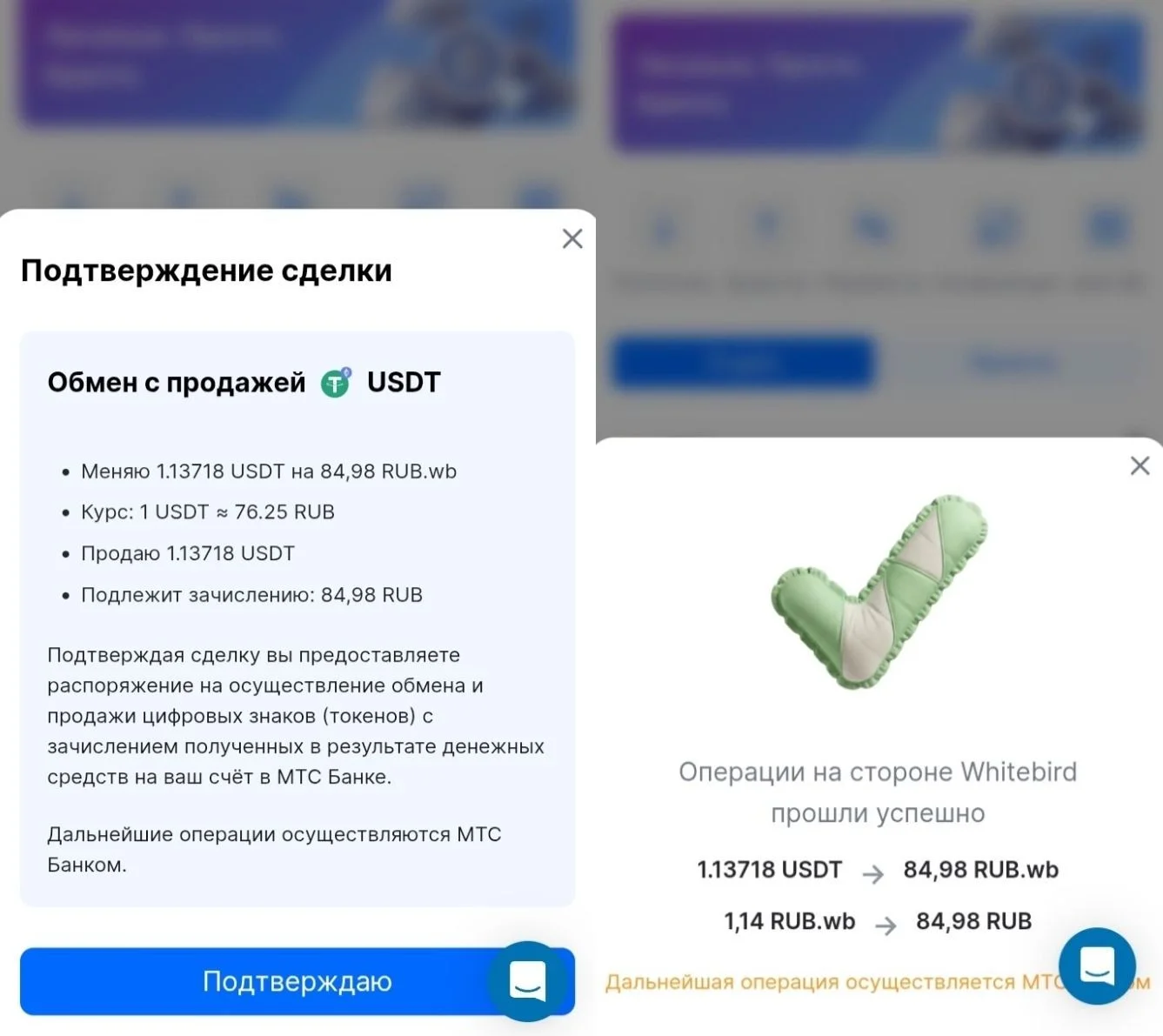 Подтверждение и успешный статус QR-оплаты WhiteBird